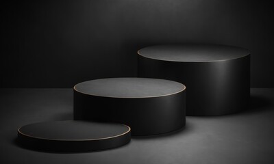 Black cylindrical podiums with gold trim on a dark background