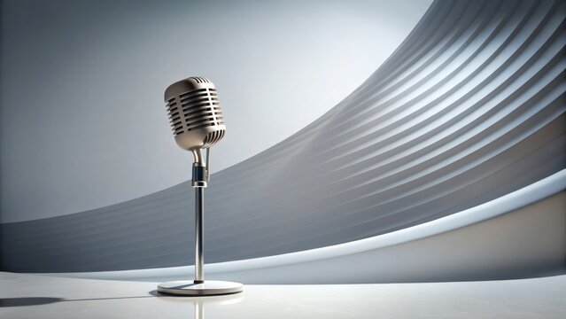 isolated microphone stands majestically on a snow-white infinity curve with subtle shadows and a touch of warm natural light in a minimalist studio