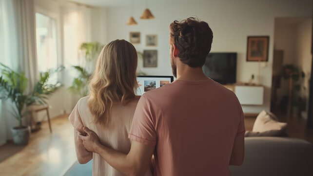 A couple using augmented reality on a tablet to visualize furniture placement in their empty living room