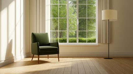 Fototapeta premium A cozy reading nook with wood floors a comfortable armchair and a floor lamp perfect for relaxing with a good book 