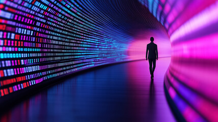 A digital art scene with a person walking through a tunnel of floating data streams and notifications 