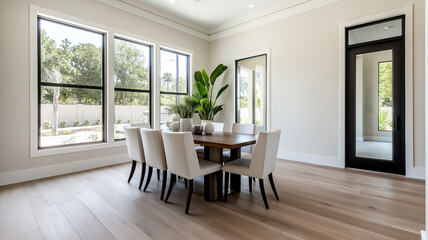 Fototapeta premium A dining area with wood look tile flooring a modern wooden table and large windows letting in natural light creating a stylish and functional space 