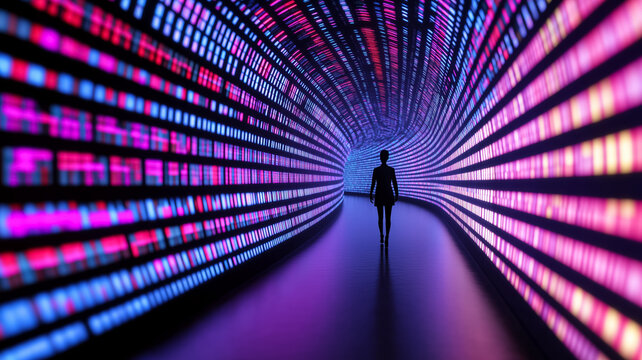 A digital art scene with a person walking through a tunnel of floating data streams and notifications  - Powered by Adobe