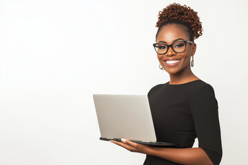 African american woman in black dress holding laptop, smiling and looking at camera, isolated on white background with clipping path.