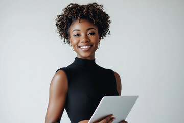 African american woman in black dress holding laptop, smiling and looking at camera, isolated on white background with clipping path.