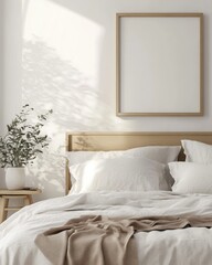 A white bed with a wooden headboard and a white comforter