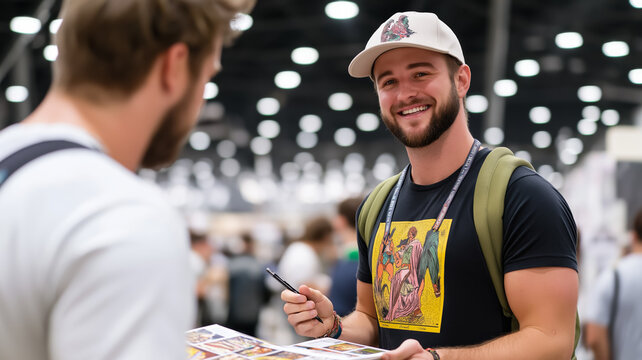 A fan meeting their favorite comic artist at a convention booth getting an autograph and chatting excitedly 
