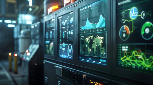 LED screens displaying global data visualizations and innovative analytics in a futuristic control room. Concepts of technology, data analysis, and advanced information systems. - Powered by Adobe