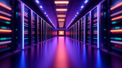 A futuristic cloud computing center with holographic interfaces displaying real time data surrounded by rows of servers and high tech equipment 