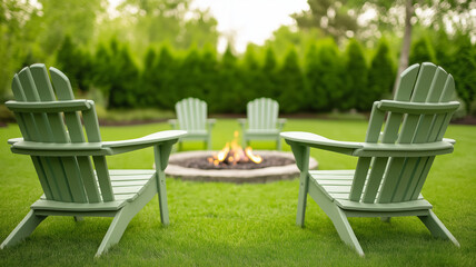 A garden with sage green Adirondack chairs around a fire pit cozy and inviting for evening gatherings 