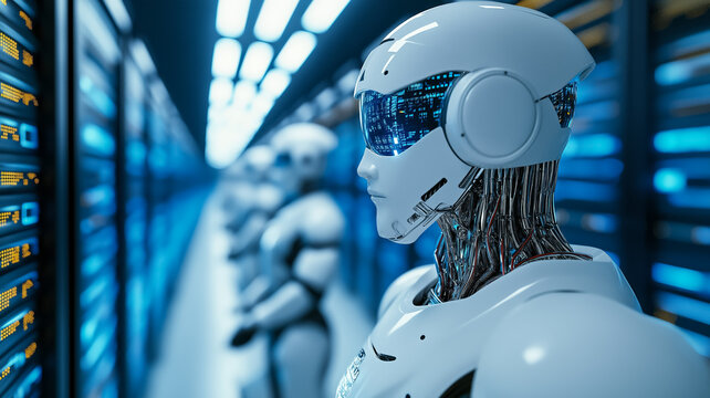 A futuristic data center with robots and automated systems maintaining and optimizing server performance 