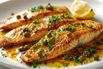 A plate of grilled fish fillets garnished with herbs and lemon, served with capers.