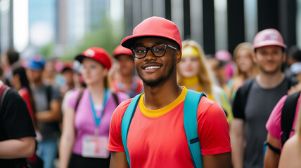 A group of fans in cosplay costumes excitedly walking towards the convention entrance carrying bags and badges 