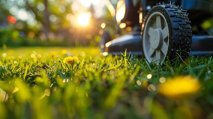 A lawn mower operates in a vibrant garden, trimming grass as the sun sets, illuminating blooming dandelions