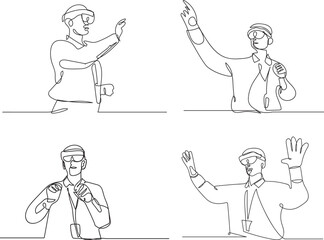 The complete package The line art of a young man using a mixed reality headset. Illustration of a technician working with futuristic equipment.	