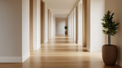 Fototapeta premium A hallway with polished wood floors and minimalistic decor leading to various rooms with a sense of elegance and continuity 