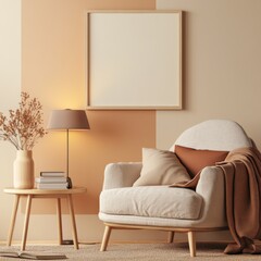 A white chair sits in front of a beige wall with a framed picture on it
