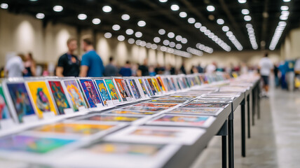 A large artist alley with creators sketching signing autographs and interacting with fans at their colorful booths 