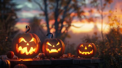 Three Jack-o'-lanterns of varying sizes are sitting on a wooden surface at sunset