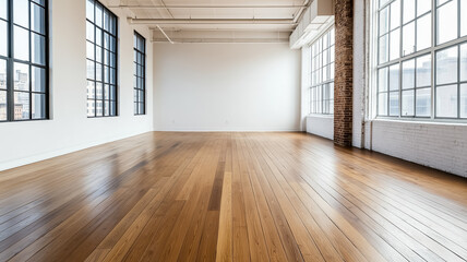 Fototapeta premium A loft apartment with wide plank wood floors open space and industrial elements creating a trendy urban vibe 