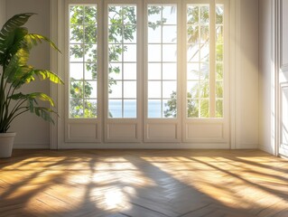Fototapeta premium A large window in a room with a view of the ocean