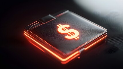A modern black wallet with a glowing dollar sign, symbolizing wealth and finance in an elegant design.