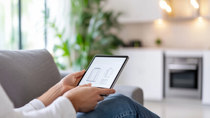 A person on a couch using a tablet to compare two different sets of kitchen appliances in an online store 