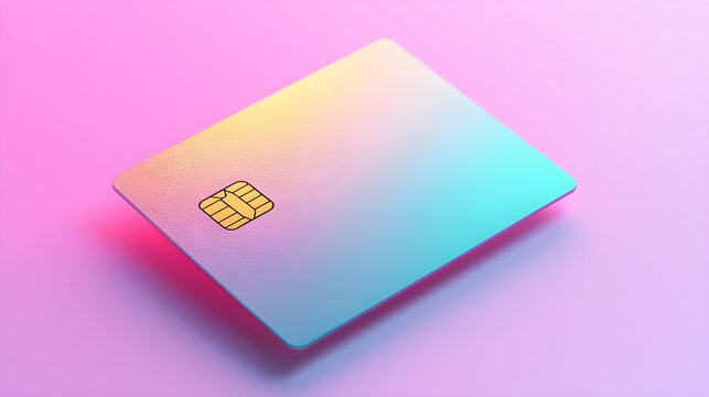 A sleek, modern credit card with a colorful gradient design, set against a soft pink and blue background for a stylish look.