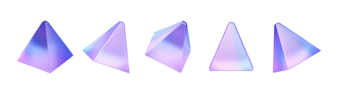 Holographic pyramid geometric shape 3d render icon set png. Abstract triangle figure of glass or plastic with iridescent neon gradient texture isolated on transparent background. 3D illustration