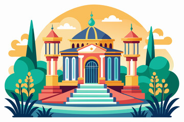 Fototapeta premium Colorful Mosque with Lush Greenery and Blue Sky