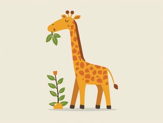Obraz premium Friendly giraffe standing with leaves in mouth clipart, flat art, simple cartoon 2D emblem