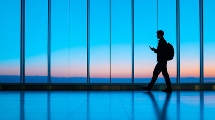 Fototapeta premium A solo traveler pacing back and forth in the airport checking their phone repeatedly for updates after a flight cancellation 