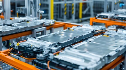 A close-up view of battery packs in a manufacturing facility, showcasing advanced technology and automation in the production process.