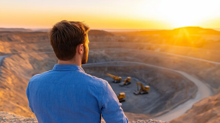 A wide angle view of an open pit mine at sunset with trucks and machinery in motion against the backdrop of rugged terrain 