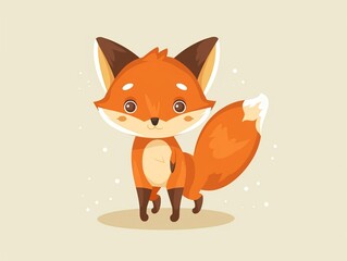 Obraz premium Cute fox standing alert clipart, simple cartoon 2D, flat art