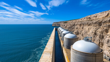 An oceanic water desalination unit with a rugged cliff in the background under a mostly sunny sky 