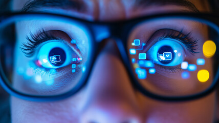 Closeup of a persons face eyes wide in panic reflecting various social media icons in their glasses 