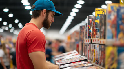 Closeup of a vendors booth displaying comic books action figures and collectible memorabilia with excited fans browsing 