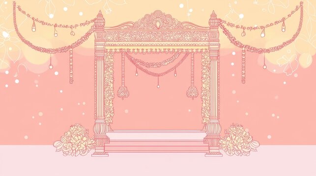 A beautiful hand-drawn illustration of an Indian wedding mandap, adorned with intricate floral designs and garlands. The mandap symbolizes love, commitment, and new beginnings.