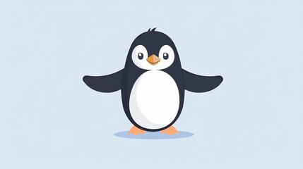 Obraz premium Cute penguin standing with wings out clipart, simple cartoon 2D, flat art