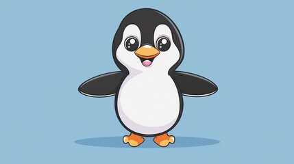 Fototapeta premium Cute penguin standing with wings out clipart, simple cartoon 2D, flat art