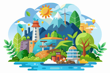 Obraz premium A Vibrant Eco-Friendly Cityscape with Lush Greenery and Sustainable Structures