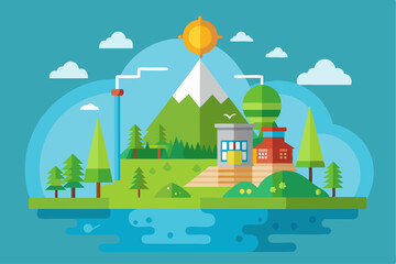 Flat Design Illustration of a Mountainous Landscape with a House and a Hot Air Balloon