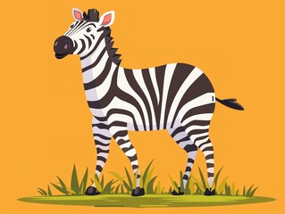 Fototapeta premium Adorable zebra standing on grass clipart, simple cartoon 2D, flat art