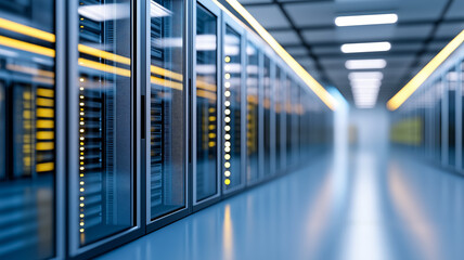 Side view of a modern data center with transparent glass walls showing rows of servers and advanced cooling systems inside 