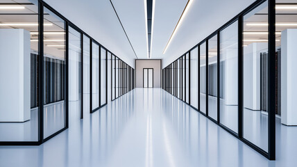 Side view of a modern data center with transparent glass walls showing rows of servers and advanced cooling systems inside 
