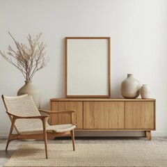 A white and brown room with a wooden dresser and a chair