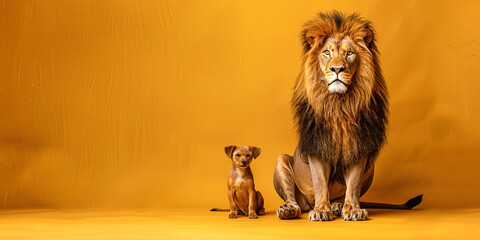 Fototapeta premium Lion with a small dog on a solid background