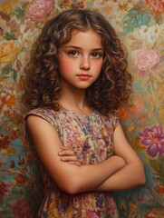 A beautiful young girl with curly hair poses confidently against a vibrant floral backdrop symbolizing innocence, beauty, grace, and childhood wonder.