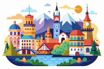 Colorful Cityscape with Mountains, River, and Bridge